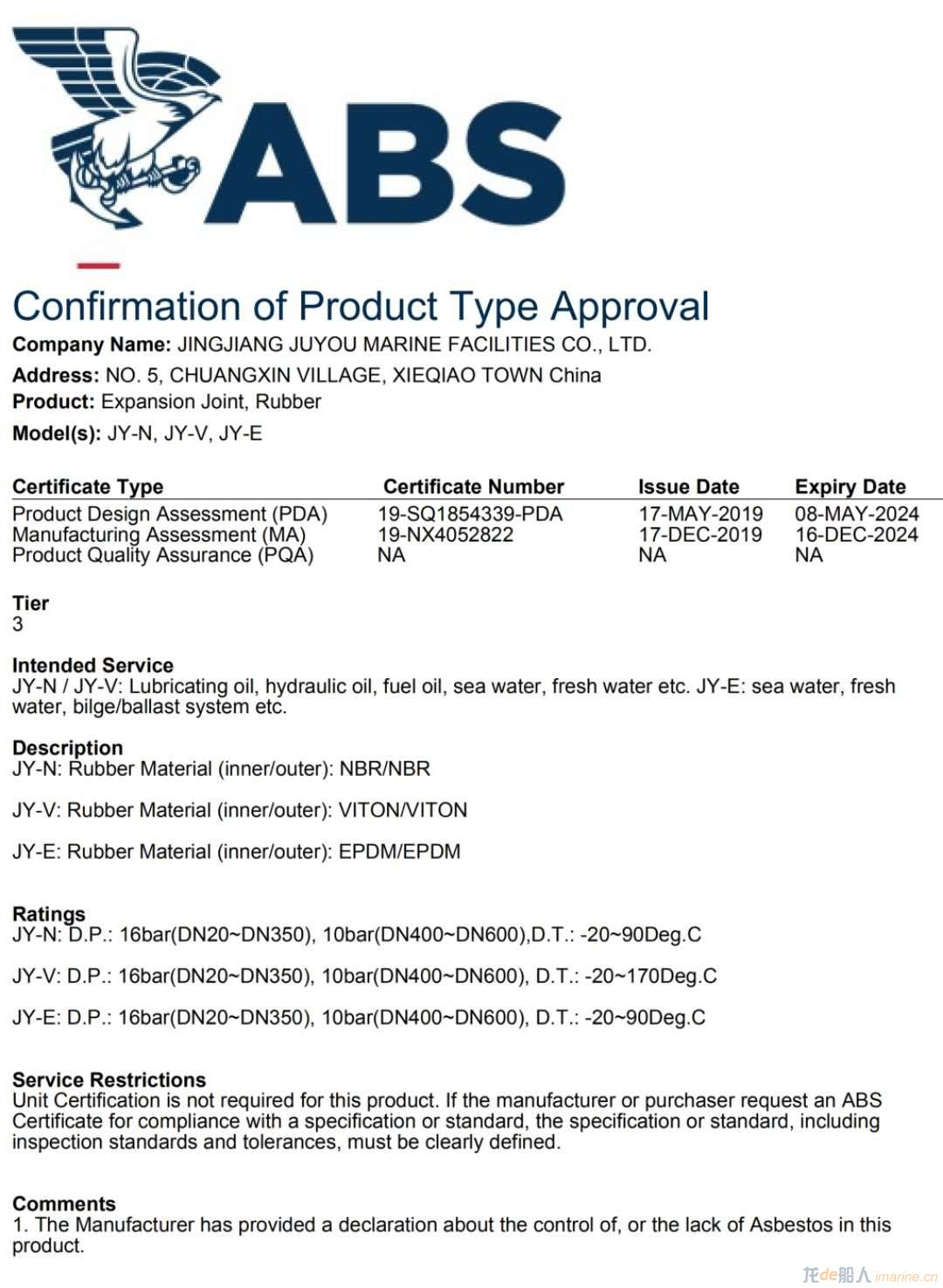 ABS TYPE APPROVAL CERTIFICATE 